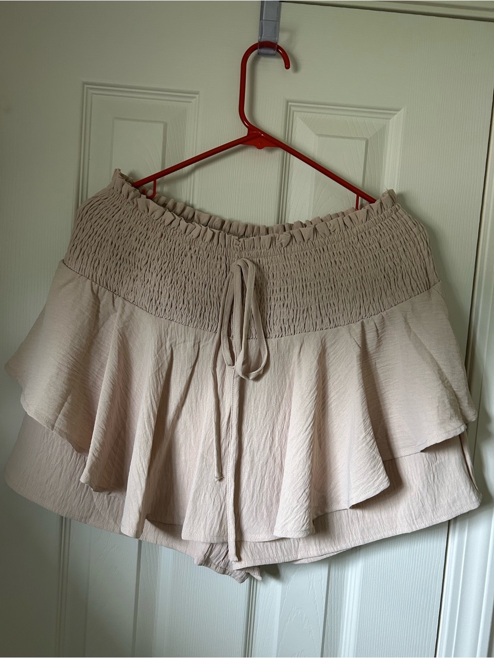 Women’s Beige Smocked Waist Ruffle Shorts